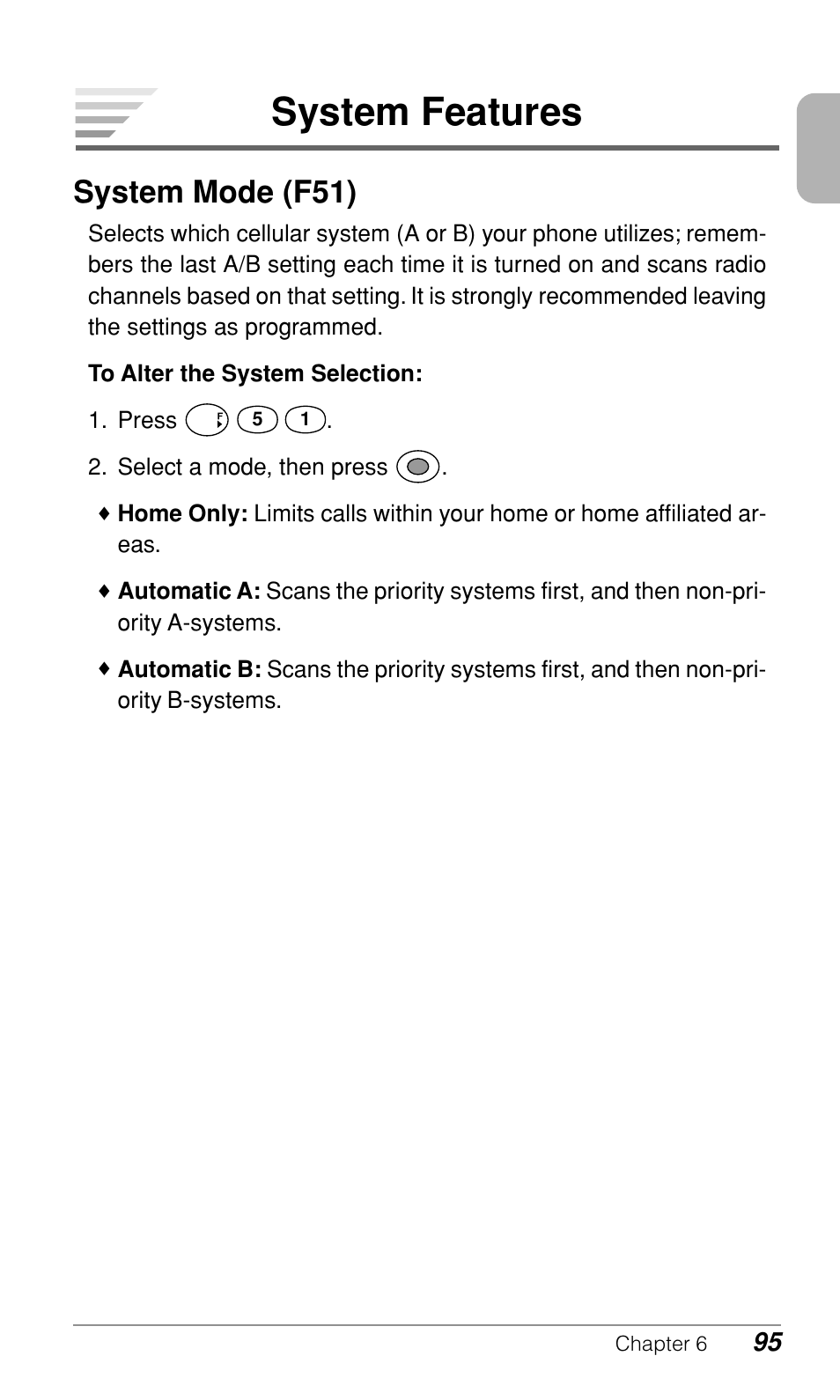 System features, System mode (f51) | Audiovox CDM9500 User Manual | Page 96 / 145