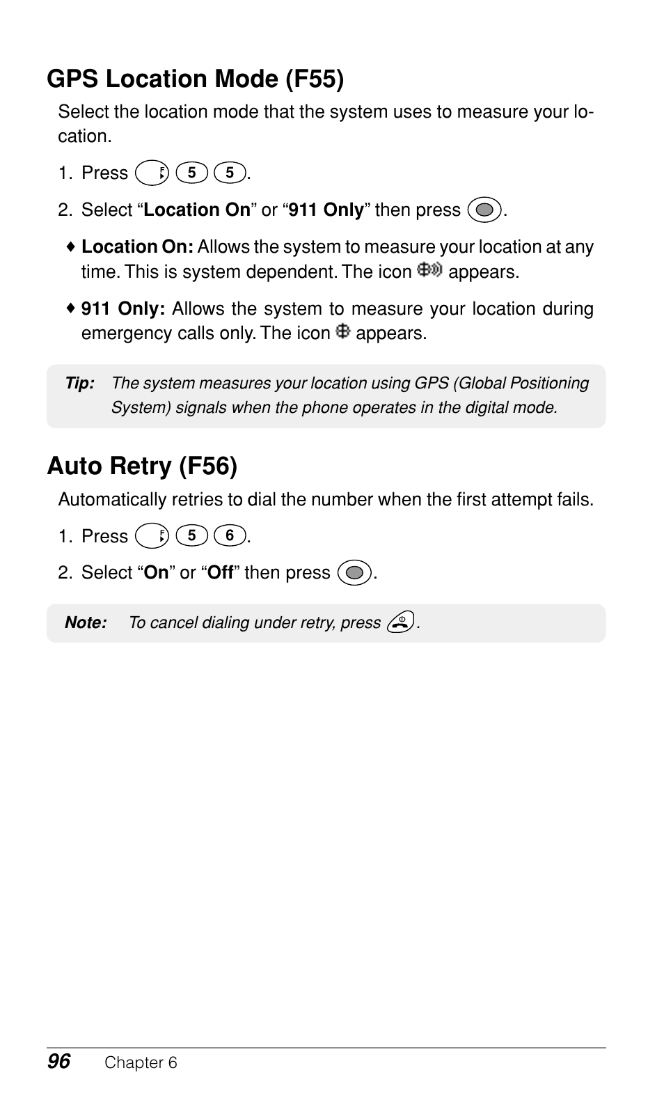 Gps location mode (f55), Auto retry (f56) | Audiovox CDM9500 User Manual | Page 97 / 145
