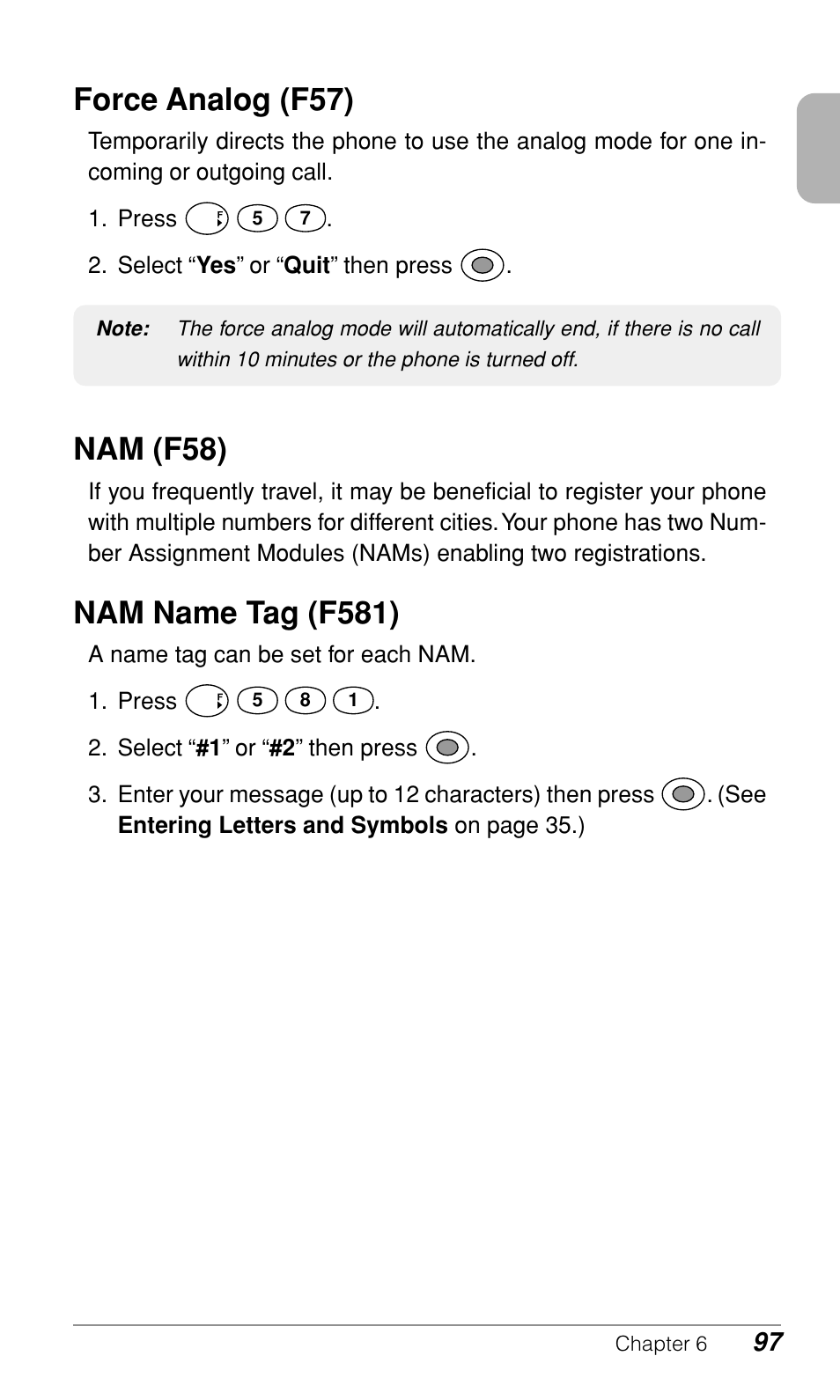 Force analog (f57), Nam (f58), Nam name tag (f581) | Audiovox CDM9500 User Manual | Page 98 / 145