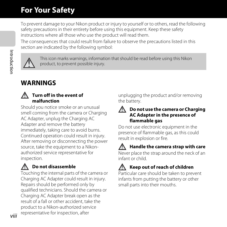 For your safety, Warnings, Viii | Nikon S6500 User Manual | Page 10 / 284