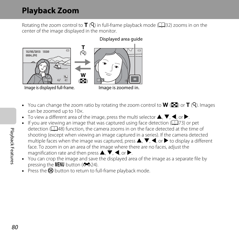 Playback zoom, See “playback zoom, A80) for m | Nikon S6500 User Manual | Page 102 / 284