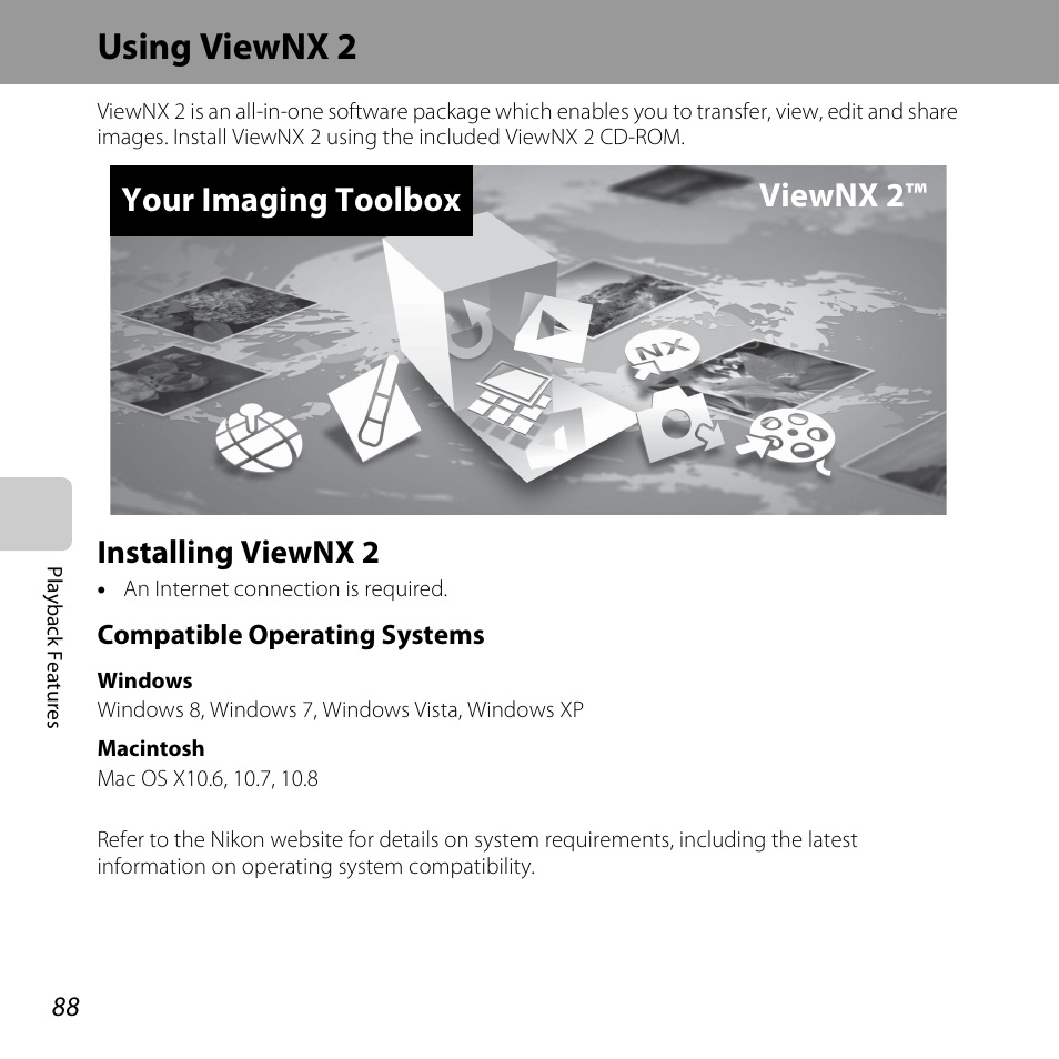 Using viewnx 2, Installing viewnx 2, A88) | Your imaging toolbox viewnx 2 | Nikon S6500 User Manual | Page 110 / 284