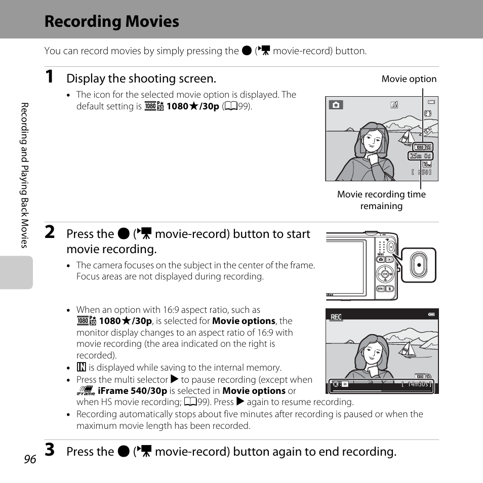 Recording movies, Display the shooting screen | Nikon S6500 User Manual | Page 118 / 284