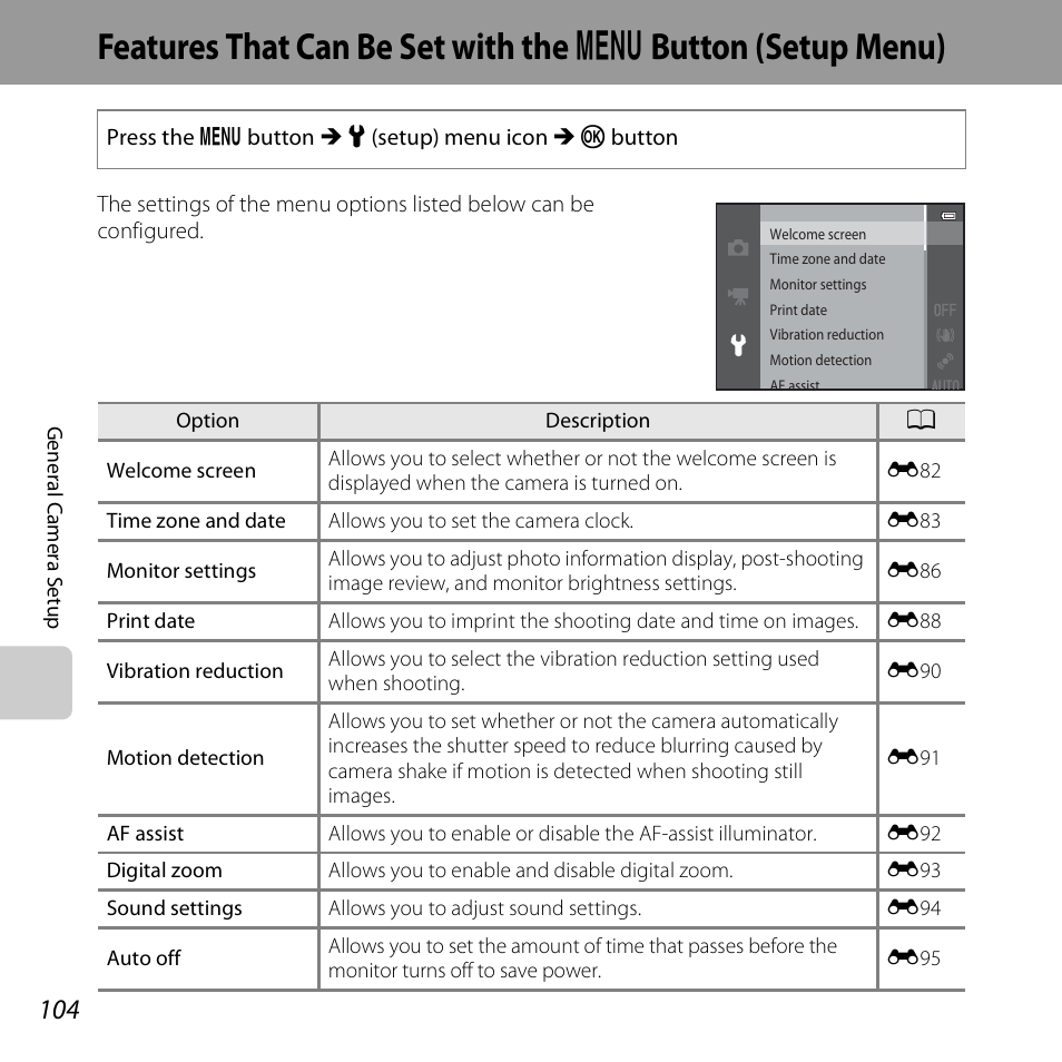 Features that can be set with the, Button (setup menu), A104) | See “features that can be set with the, D button (setup menu)” (a104) for m, A104) in t, A104) w, A104 | Nikon S6500 User Manual | Page 126 / 284