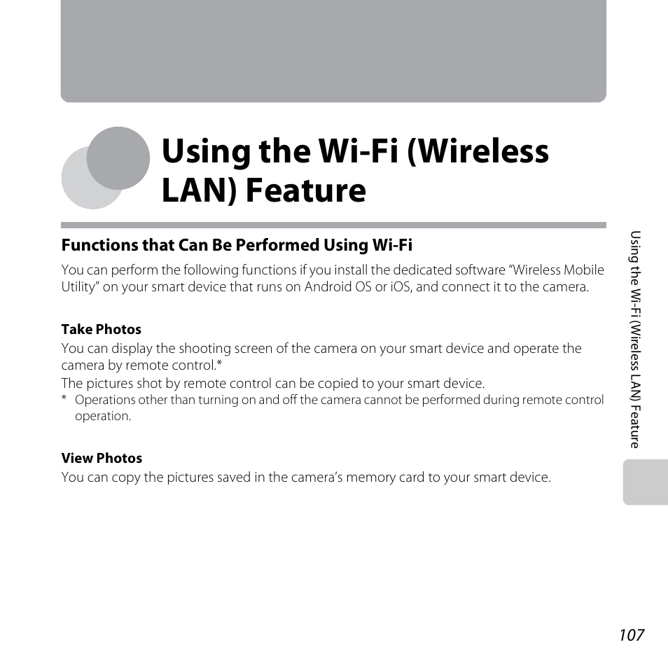 Using the wi-fi (wireless lan) feature, A 107, A107) fo | Functions that can be performed using wi-fi | Nikon S6500 User Manual | Page 129 / 284