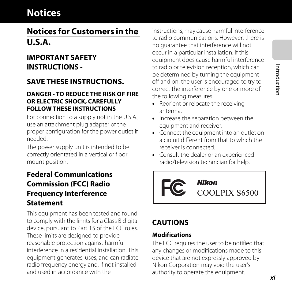 Notices, Notices for customers in the u.s.a | Nikon S6500 User Manual | Page 13 / 284