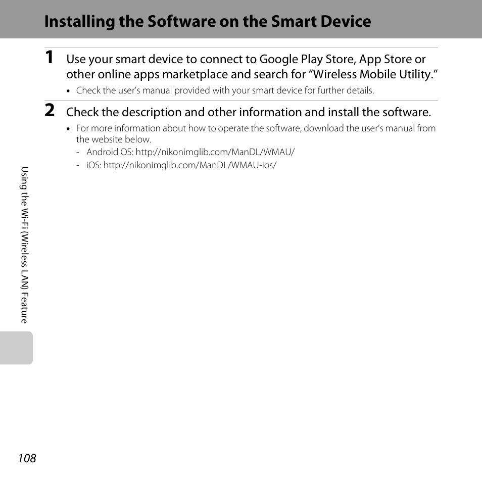 Installing the software on the smart device, A108) | Nikon S6500 User Manual | Page 130 / 284