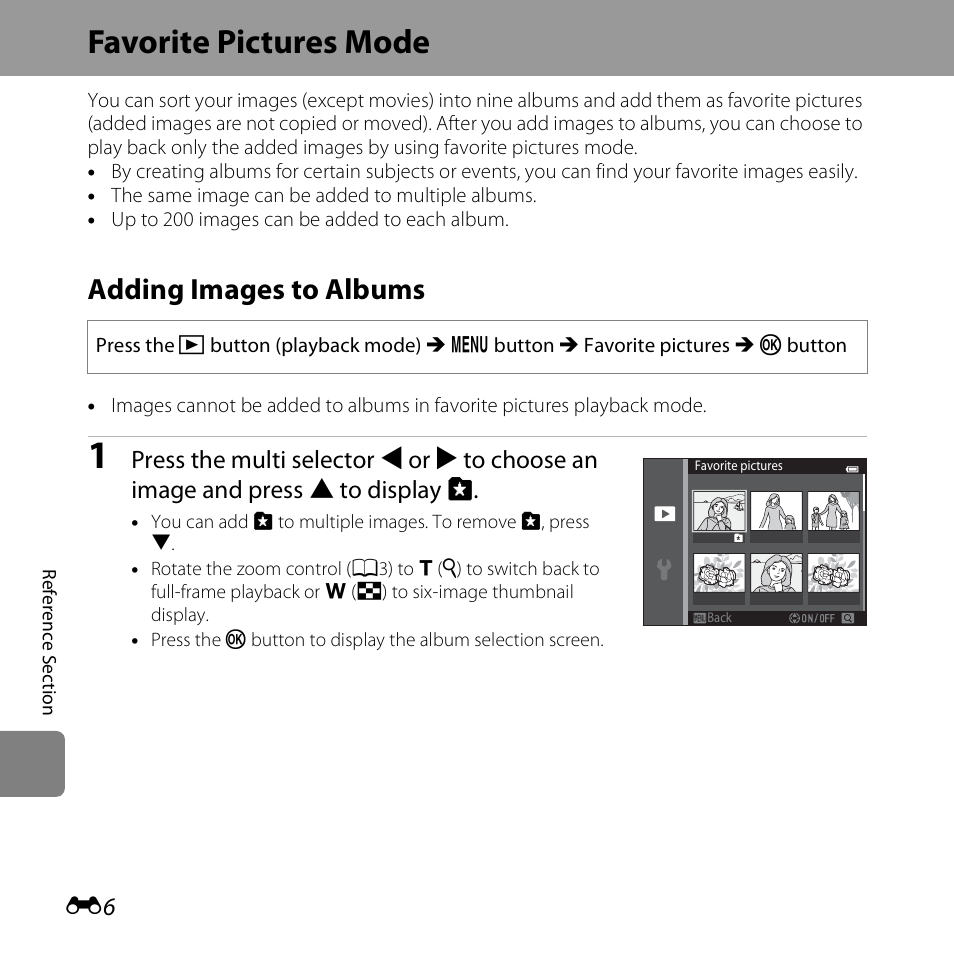 Favorite pictures mode, Adding images to albums | Nikon S6500 User Manual | Page 138 / 284