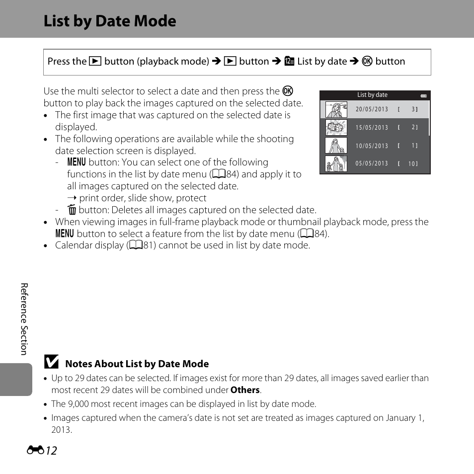 List by date mode, E12) | Nikon S6500 User Manual | Page 144 / 284