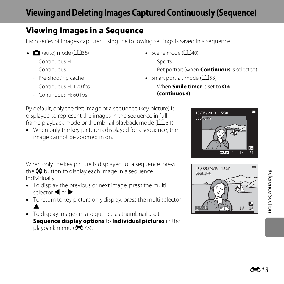 Viewing images in a sequence | Nikon S6500 User Manual | Page 145 / 284