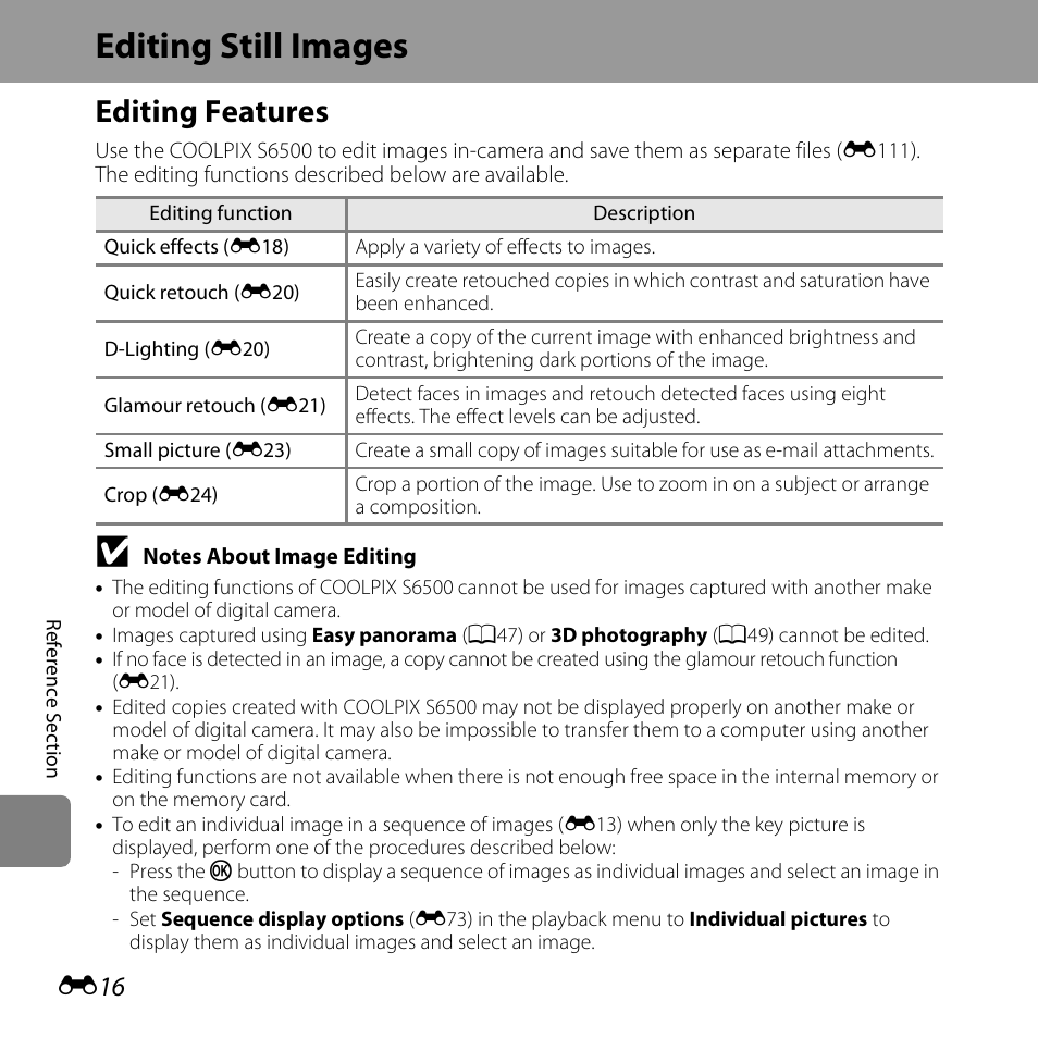 Editing still images, Editing features | Nikon S6500 User Manual | Page 148 / 284