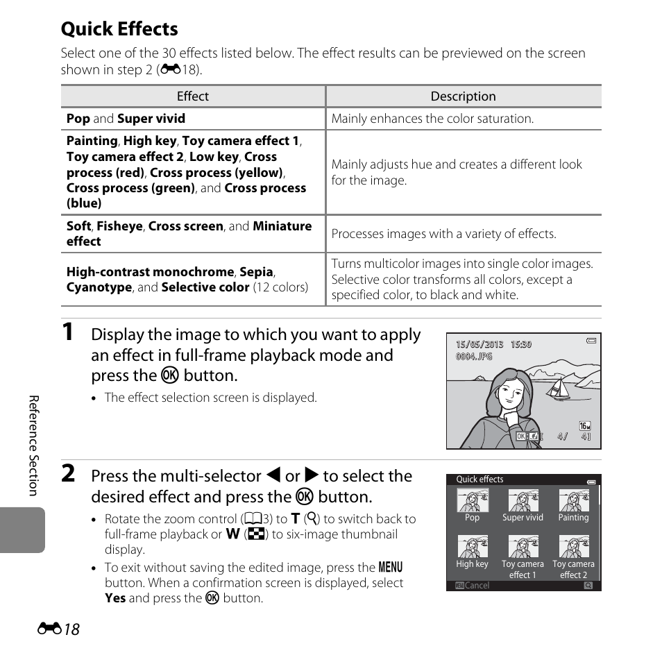 Quick effects, See “quick effects, E18) f | E18) fo, E18) | Nikon S6500 User Manual | Page 150 / 284