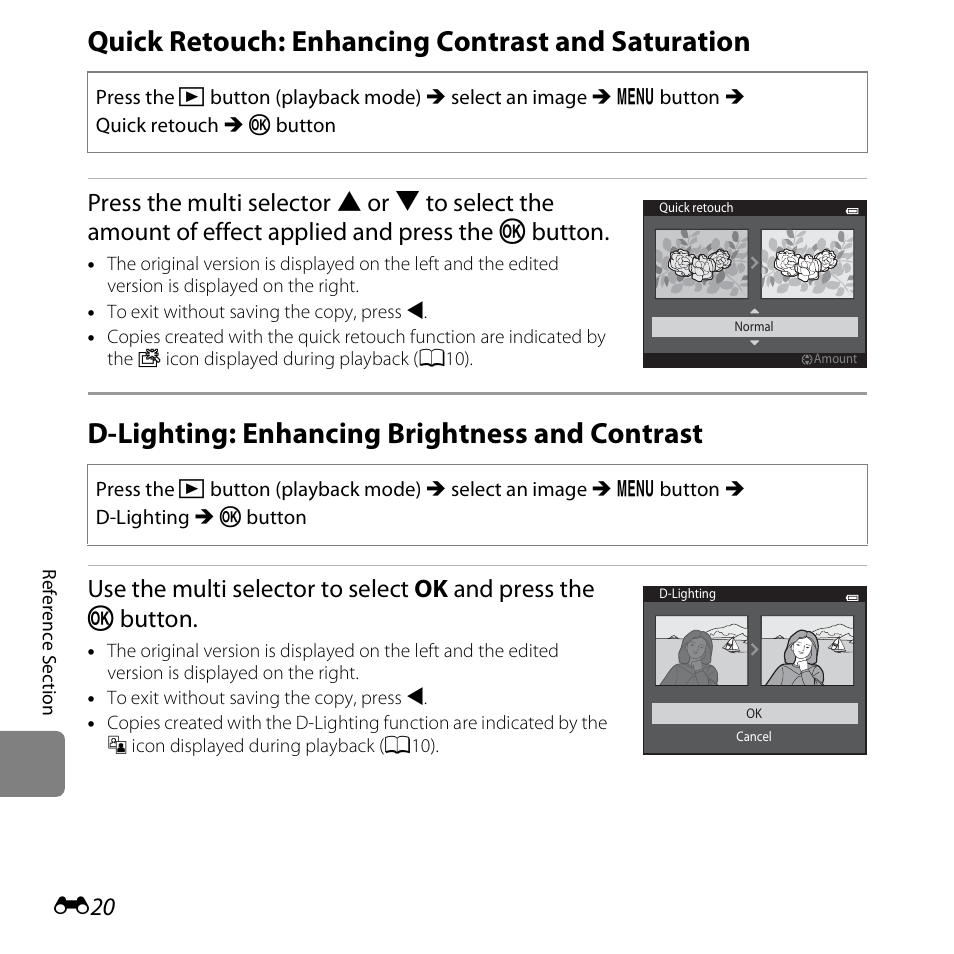 Quick retouch: enhancing contrast and saturation, D-lighting: enhancing brightness and contrast, E20) | Nikon S6500 User Manual | Page 152 / 284