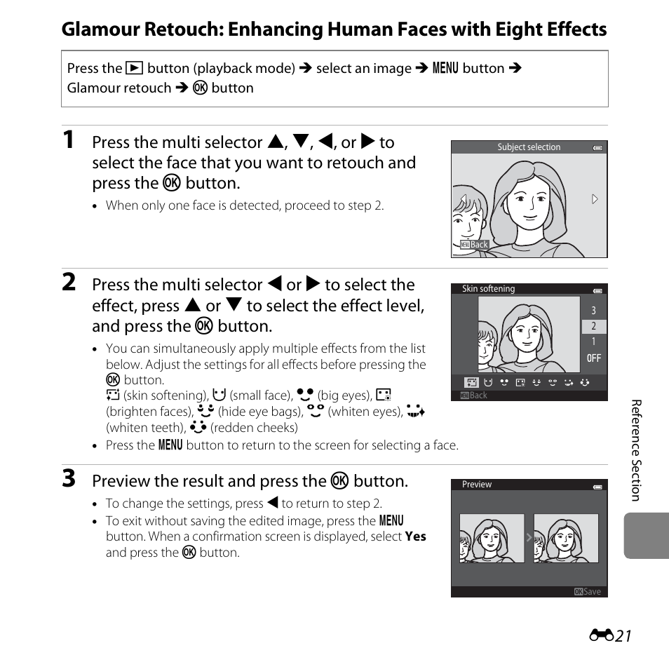 E21), Preview the result and press the k button | Nikon S6500 User Manual | Page 153 / 284