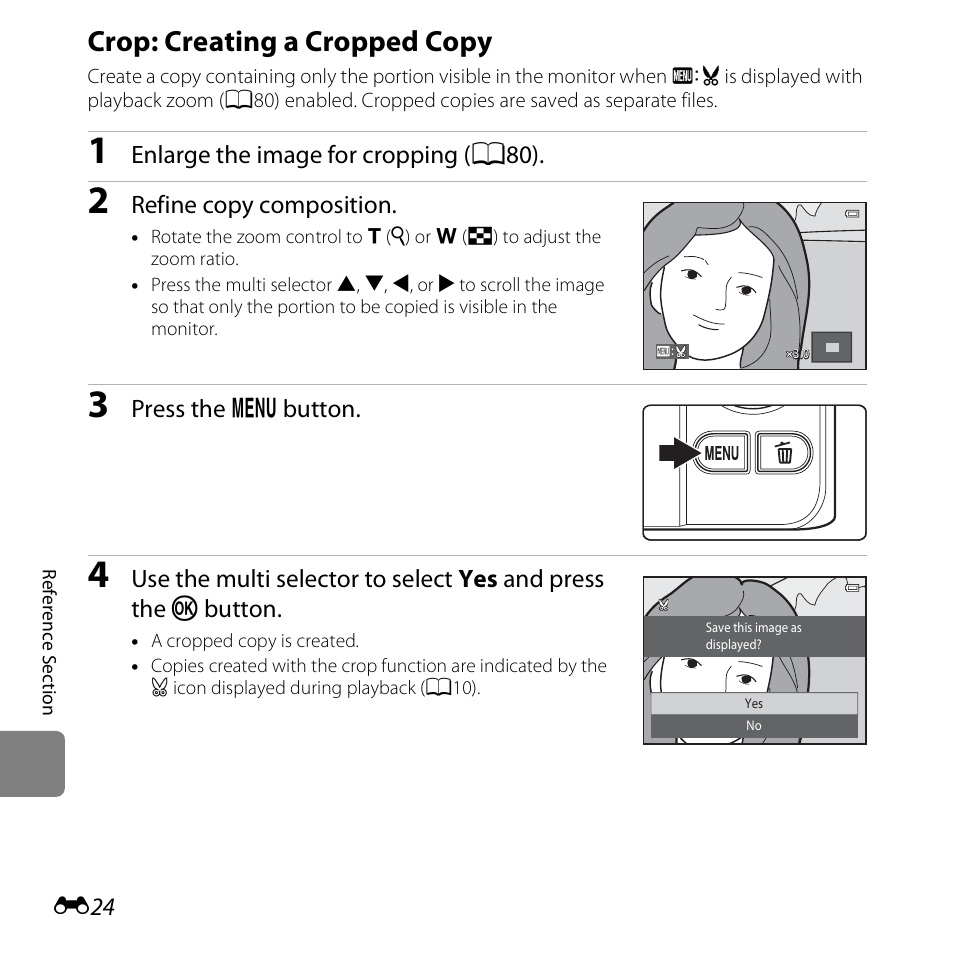 Crop: creating a cropped copy, E24) | Nikon S6500 User Manual | Page 156 / 284
