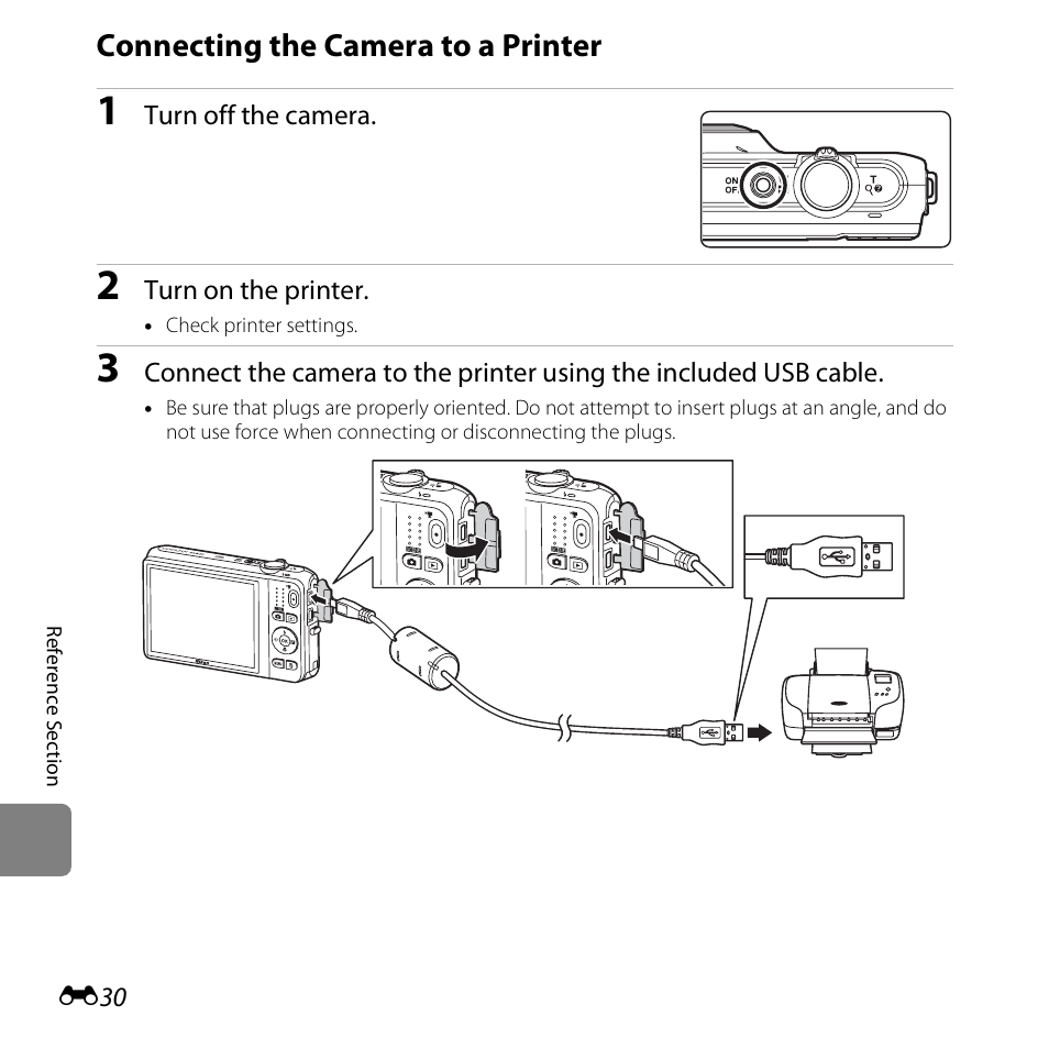 Connecting the camera to a printer, E30) | Nikon S6500 User Manual | Page 162 / 284