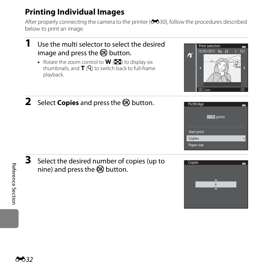 Printing individual images, E32), Select copies and press the k button | Nikon S6500 User Manual | Page 164 / 284