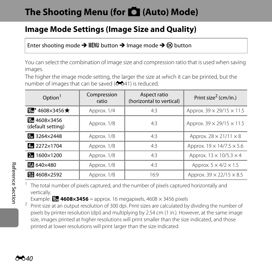 The shooting menu (for auto mode), Image mode settings (image size and quality), The shooting menu (for a (auto) mode) | E40) | Nikon S6500 User Manual | Page 172 / 284