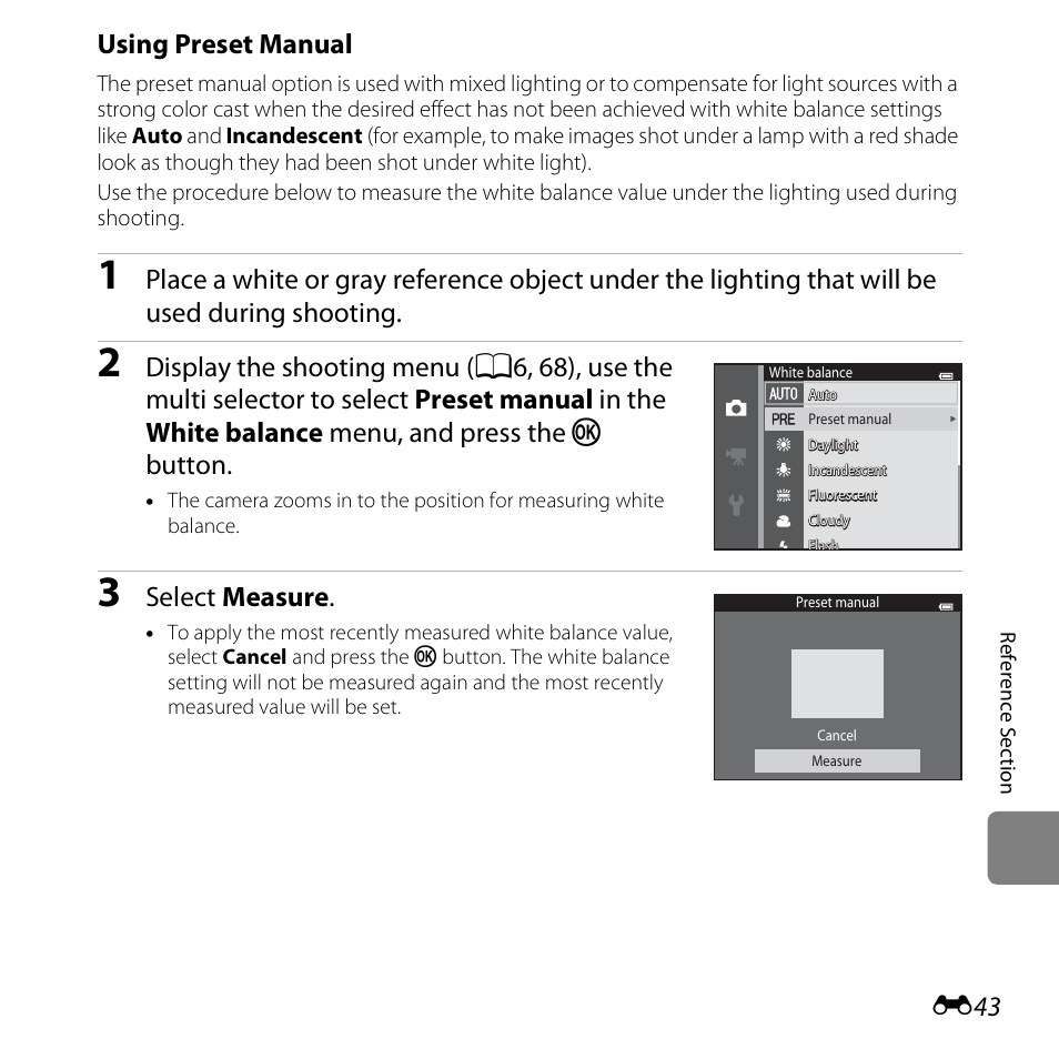 E43), Using preset manual, Select measure | Nikon S6500 User Manual | Page 175 / 284