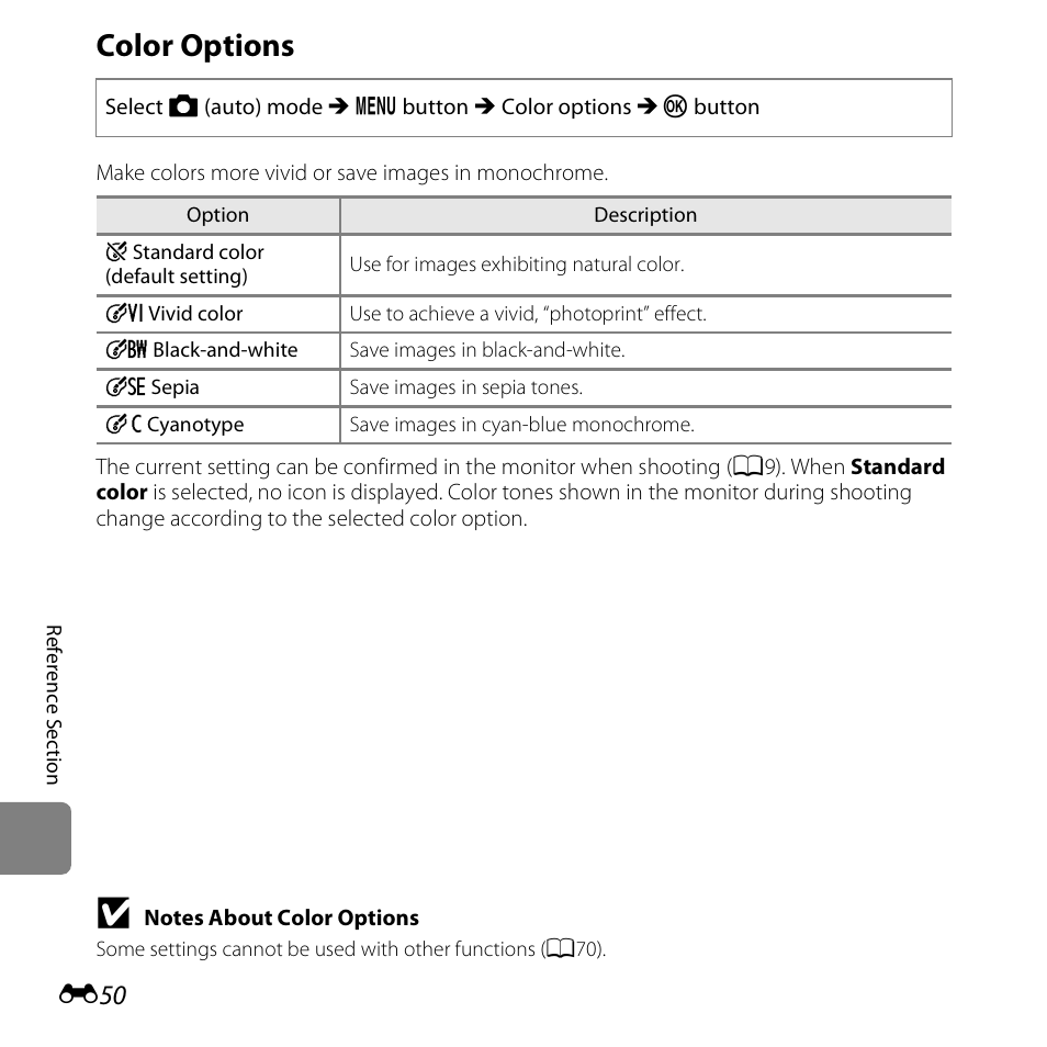 Color options | Nikon S6500 User Manual | Page 182 / 284