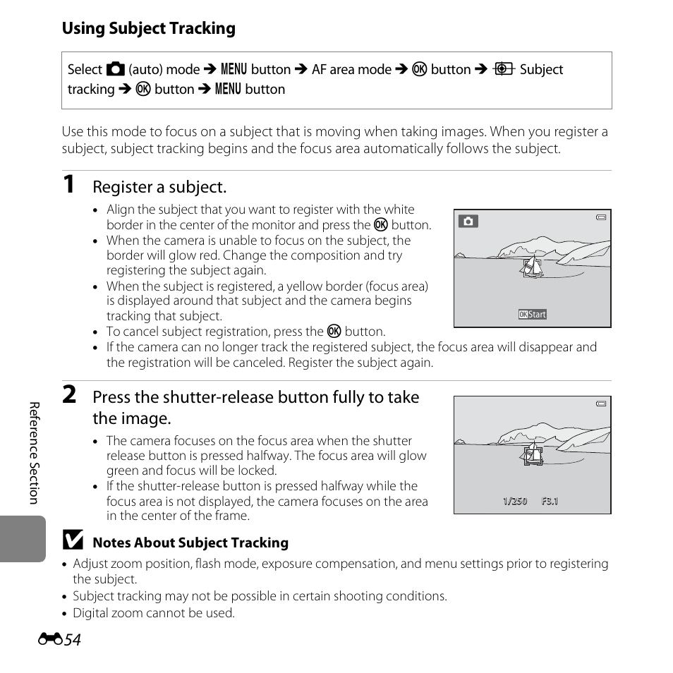 E “using subject tracking, E54), Using subject tracking | Register a subject | Nikon S6500 User Manual | Page 186 / 284