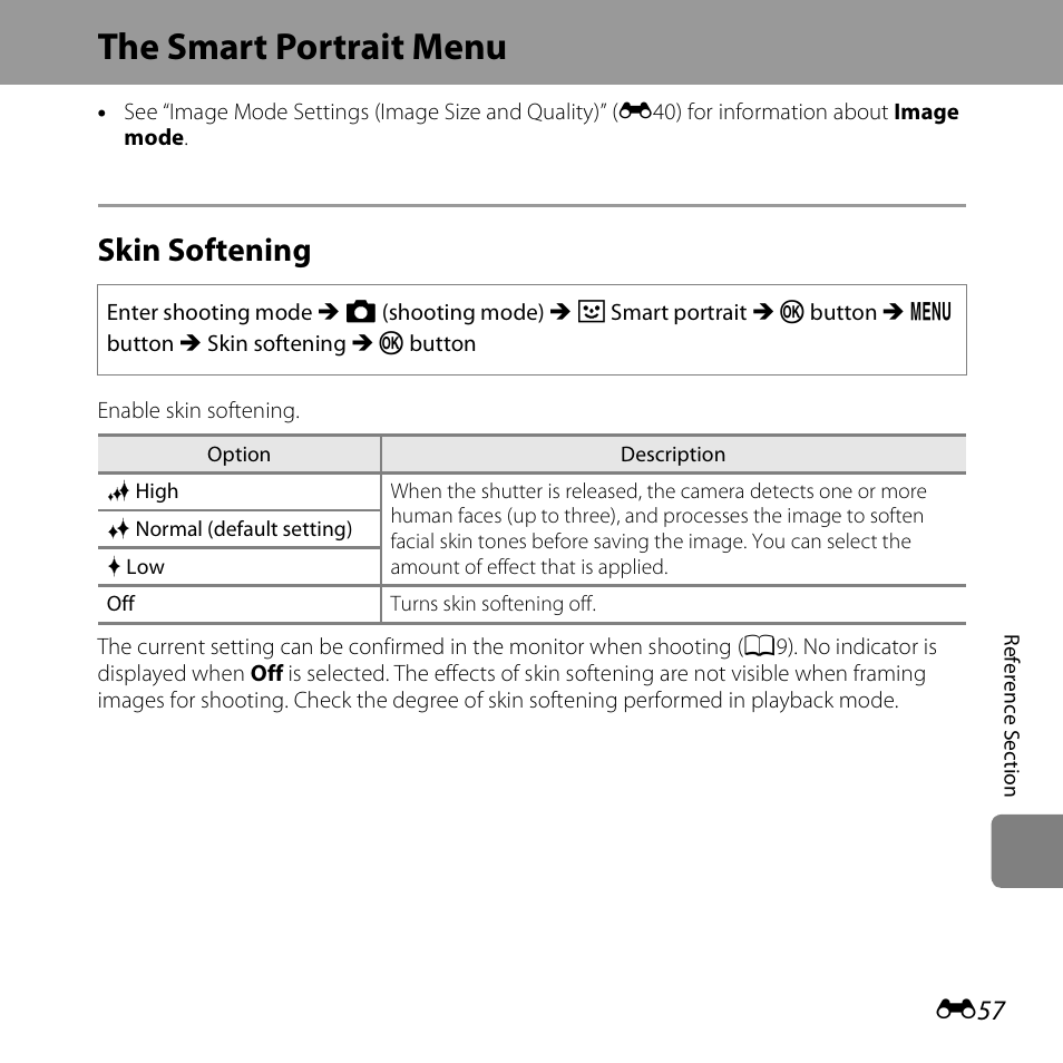 The smart portrait menu, Skin softening, E57) | Nikon S6500 User Manual | Page 189 / 284