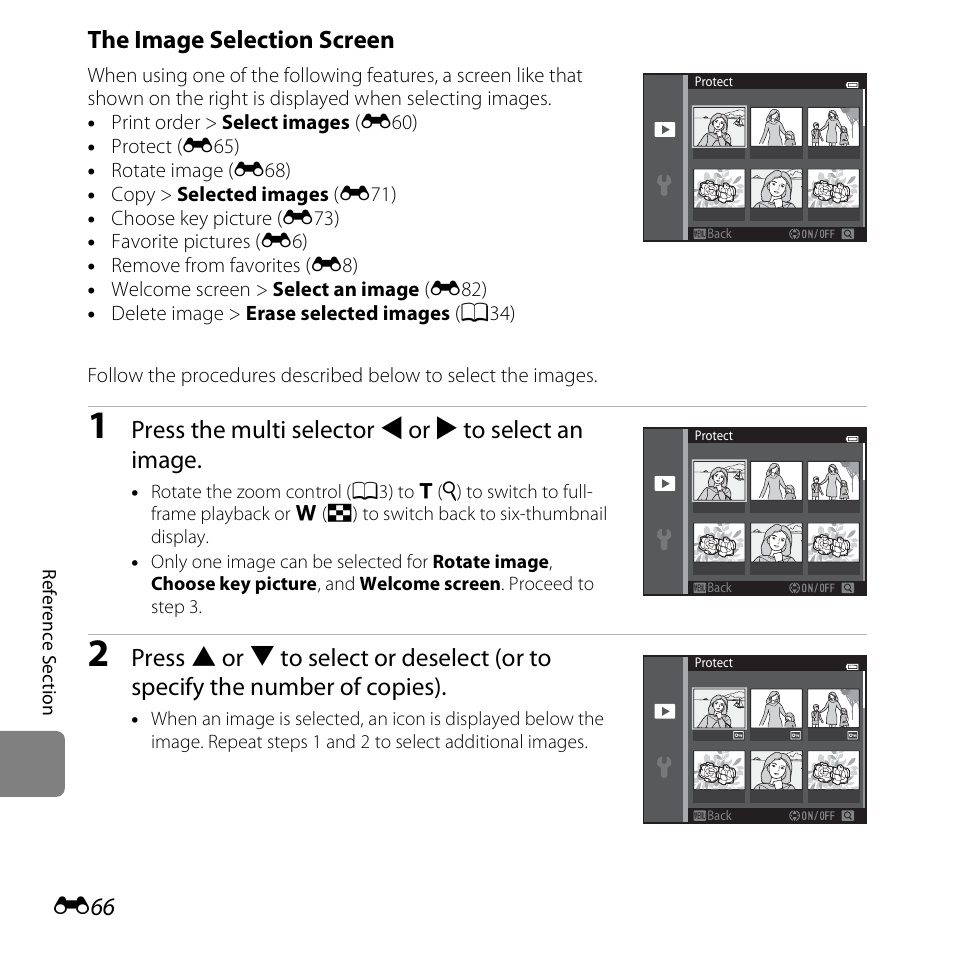 The image selection screen, E66) fo, Press the multi selector j or k to select an image | Nikon S6500 User Manual | Page 198 / 284