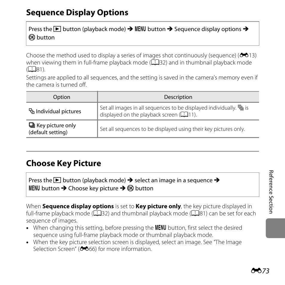 Sequence display options, Choose key picture, E73) in | E73) | Nikon S6500 User Manual | Page 205 / 284