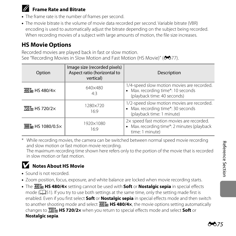 E75), Hs movie options | Nikon S6500 User Manual | Page 207 / 284