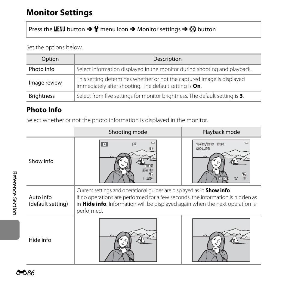 Monitor settings, Photo info | Nikon S6500 User Manual | Page 218 / 284