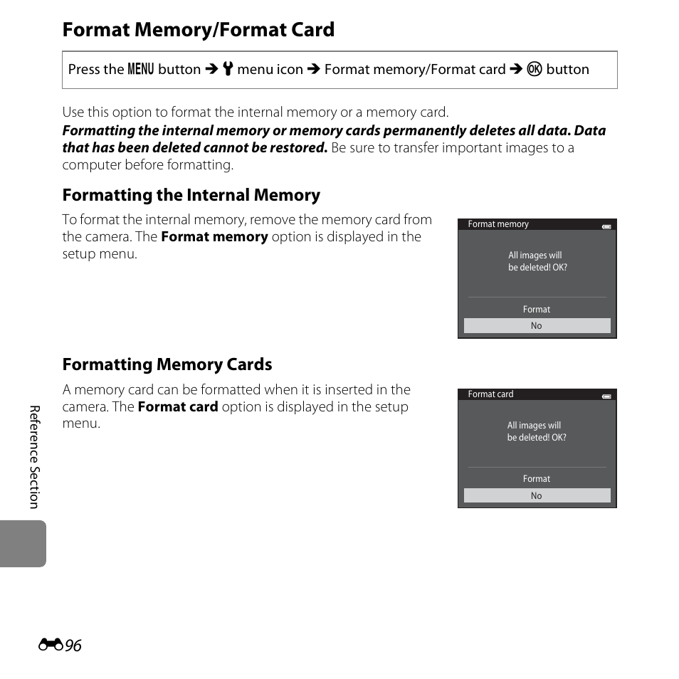 Format memory/format card, E96) | Nikon S6500 User Manual | Page 228 / 284