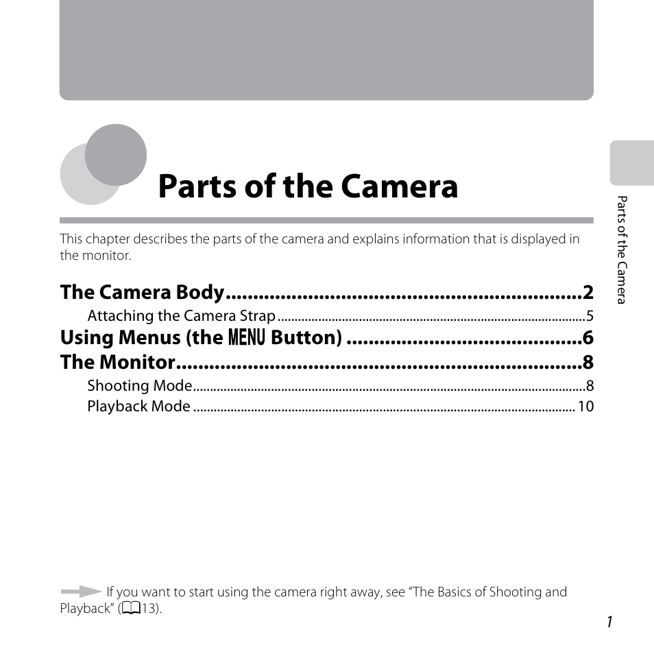 Parts of the camera, The camera body, Using menus (the d button) the monitor | Nikon S6500 User Manual | Page 23 / 284