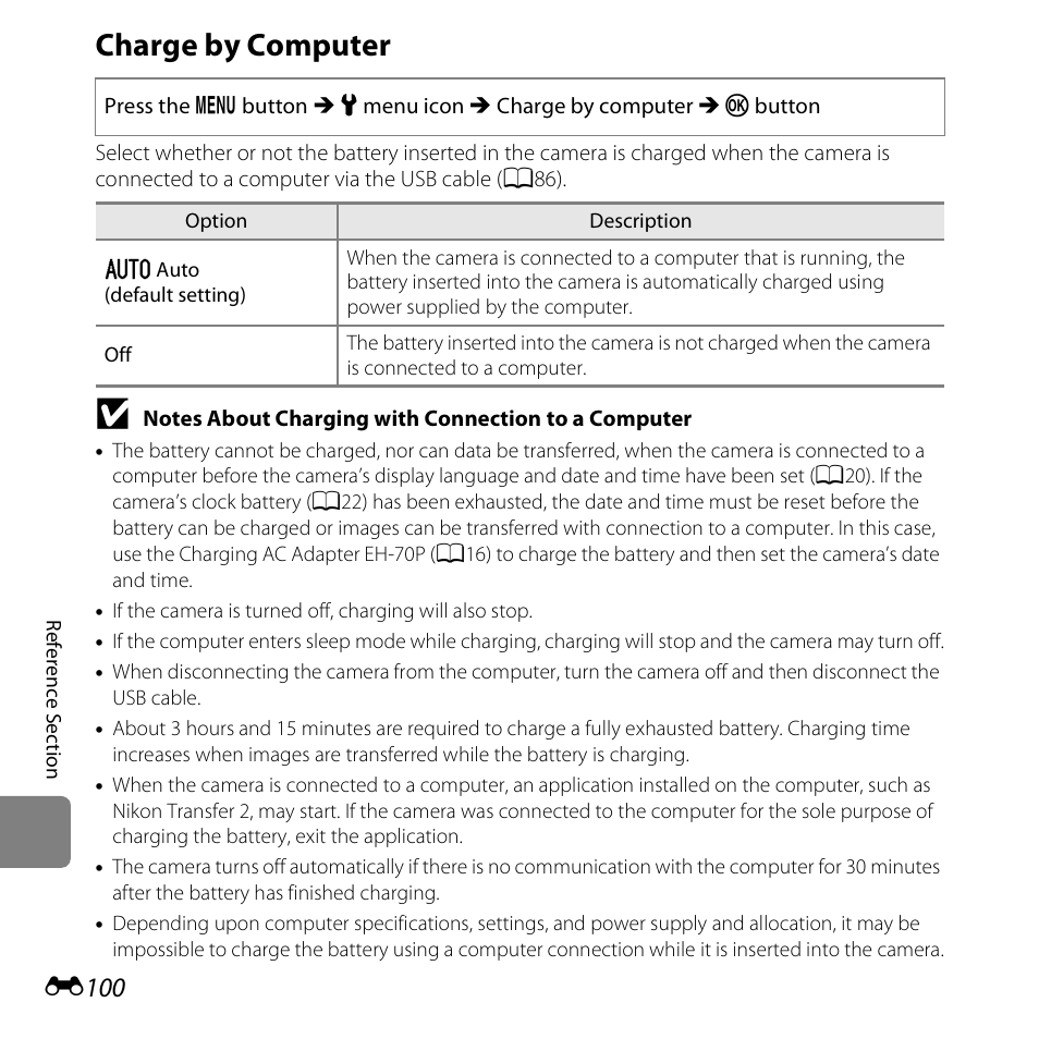 Charge by computer, E100, E100) | Nikon S6500 User Manual | Page 232 / 284