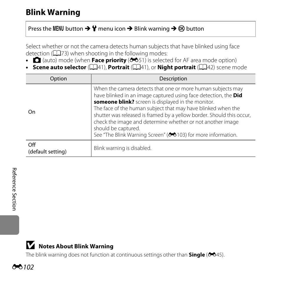 Blink warning, E102 | Nikon S6500 User Manual | Page 234 / 284