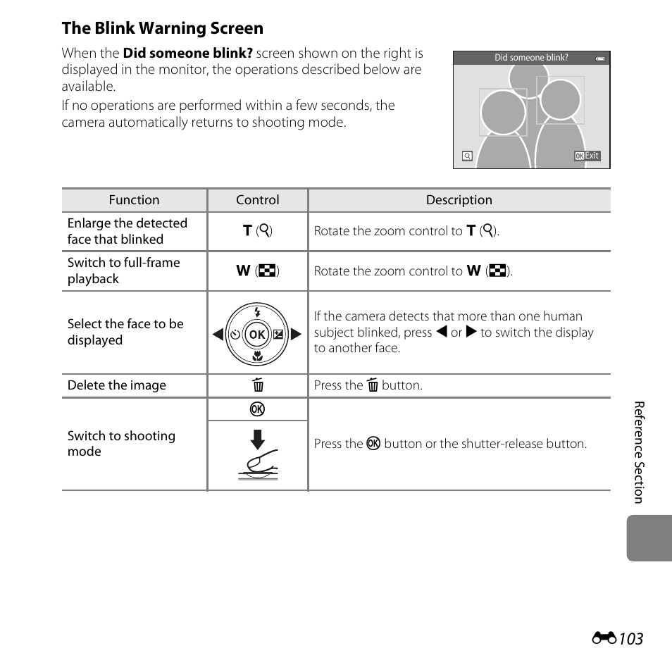 The blink warning screen, E103), E103 | Nikon S6500 User Manual | Page 235 / 284