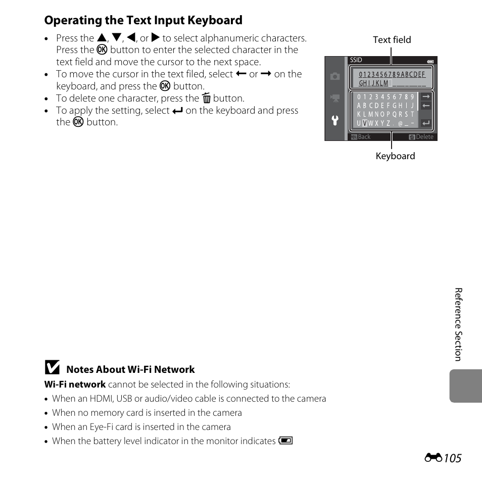 E105, Operating the text input keyboard | Nikon S6500 User Manual | Page 237 / 284
