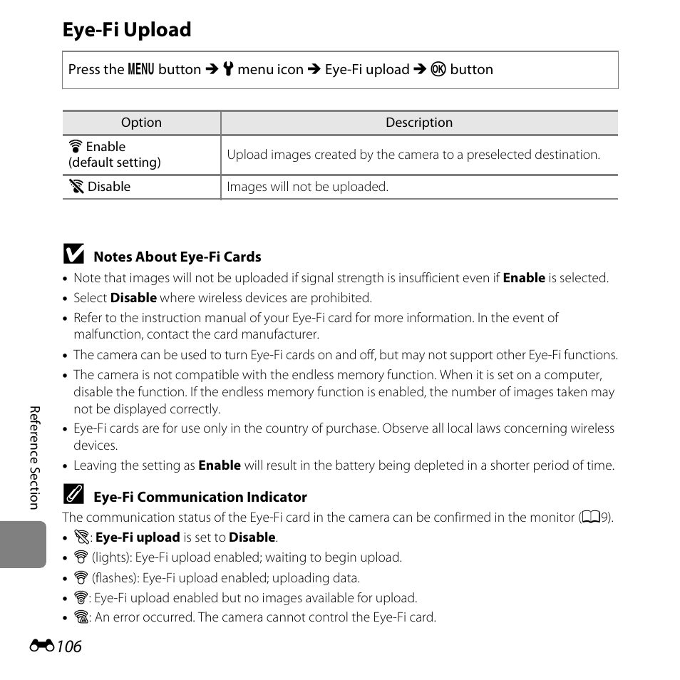 Eye-fi upload, E106 | Nikon S6500 User Manual | Page 238 / 284