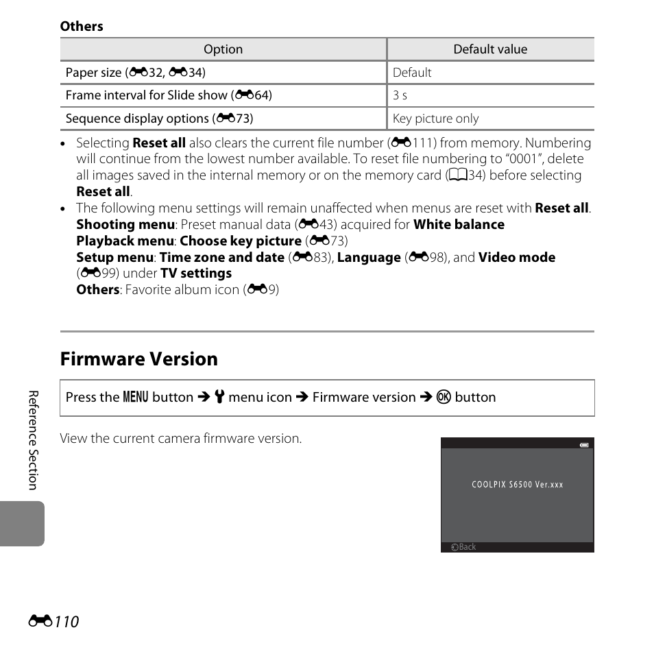 Firmware version, E110 | Nikon S6500 User Manual | Page 242 / 284