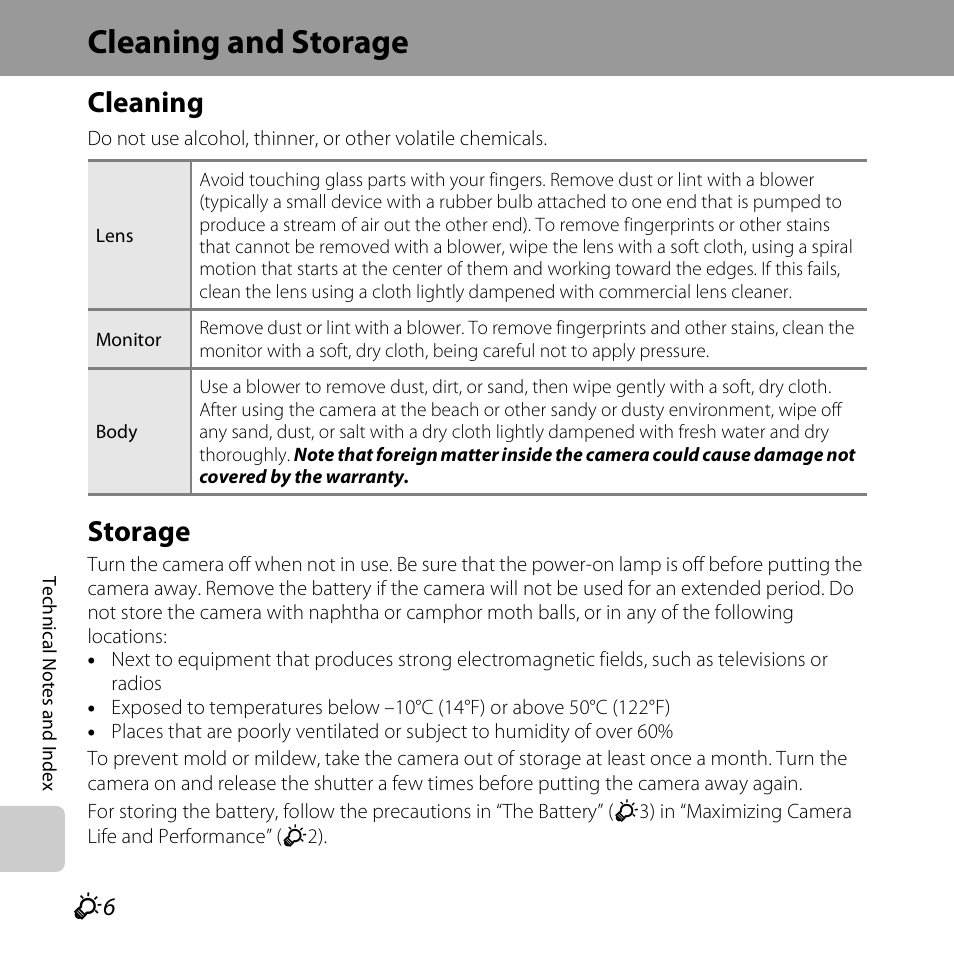 Cleaning and storage, Cleaning, Storage | Nikon S6500 User Manual | Page 258 / 284