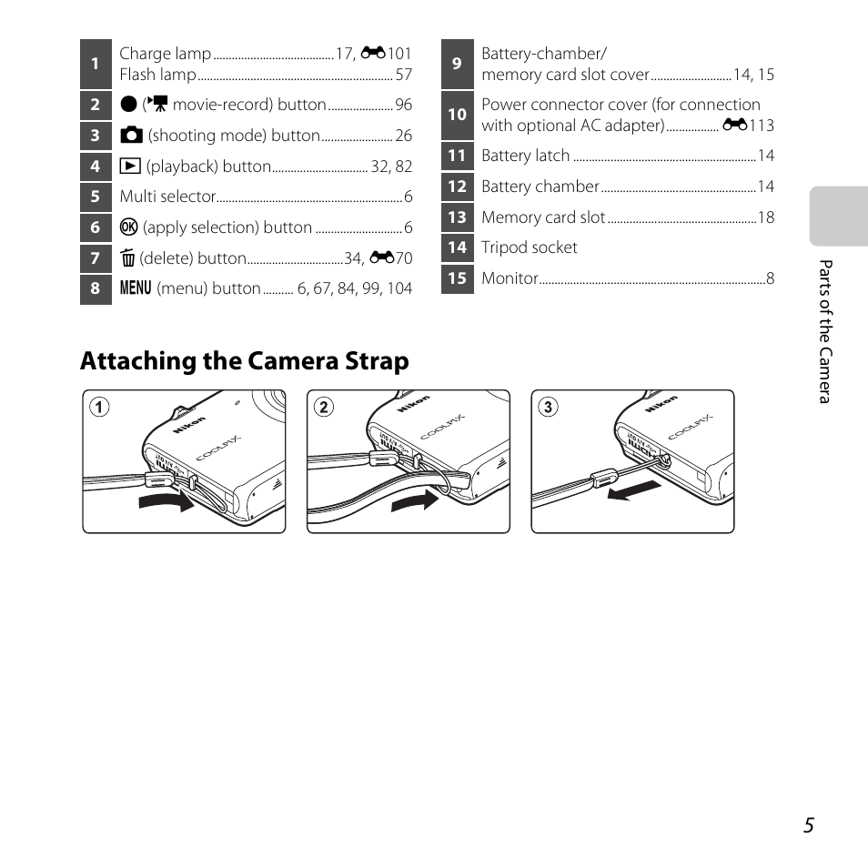 Attaching the camera strap | Nikon S6500 User Manual | Page 27 / 284