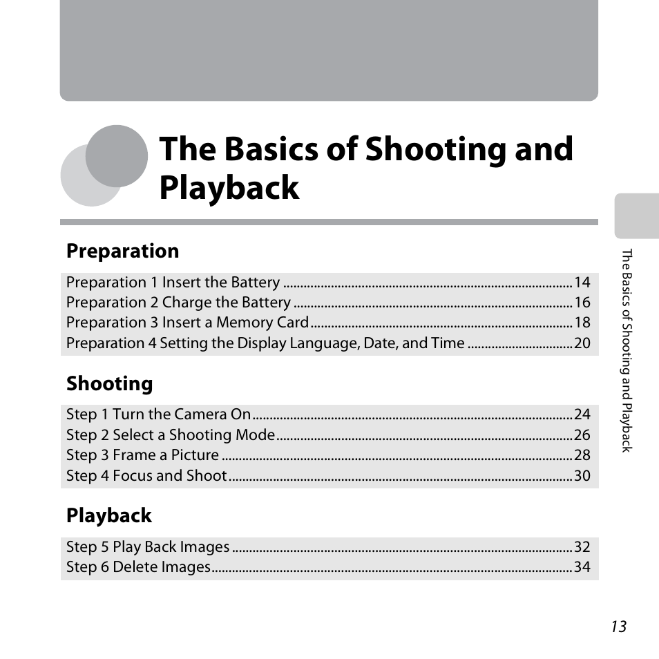 The basics of shooting and playback, A13), Ee “the basics of shooting and | Playback, Preparation, Shooting | Nikon S6500 User Manual | Page 35 / 284