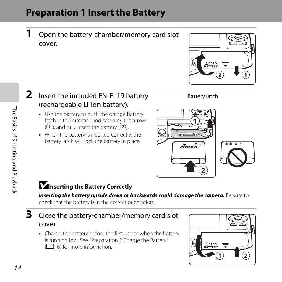 Preparation 1 insert the battery | Nikon S6500 User Manual | Page 36 / 284