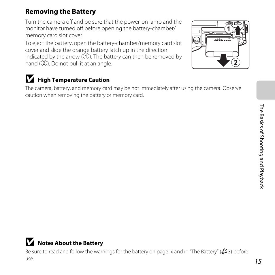 Removing the battery | Nikon S6500 User Manual | Page 37 / 284