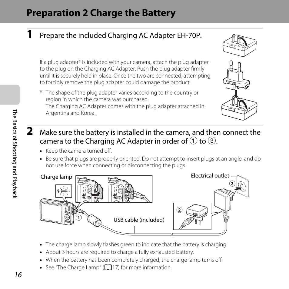 Preparation 2 charge the battery | Nikon S6500 User Manual | Page 38 / 284