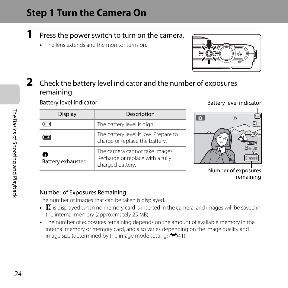 Step 1 turn the camera on, Press the power switch to turn on the camera | Nikon S6500 User Manual | Page 46 / 284