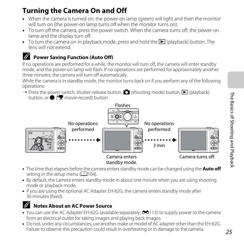 Turning the camera on and off | Nikon S6500 User Manual | Page 47 / 284