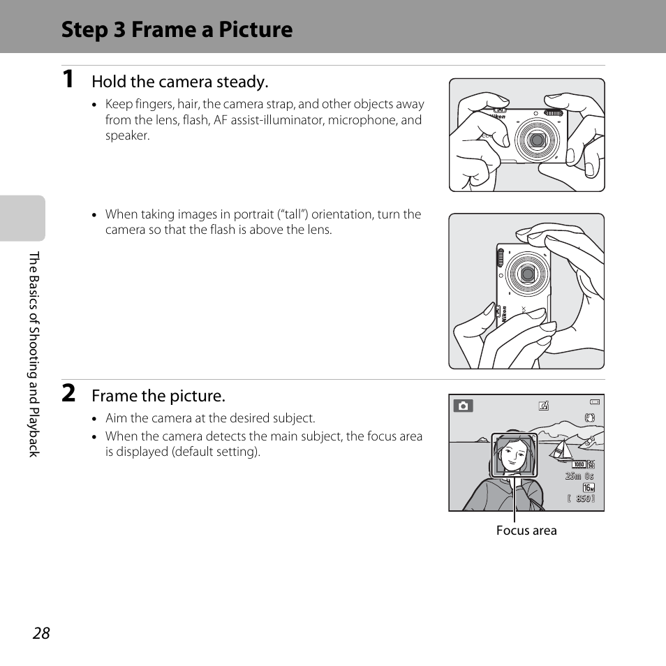 Step 3 frame a picture, Hold the camera steady, Frame the picture | Nikon S6500 User Manual | Page 50 / 284