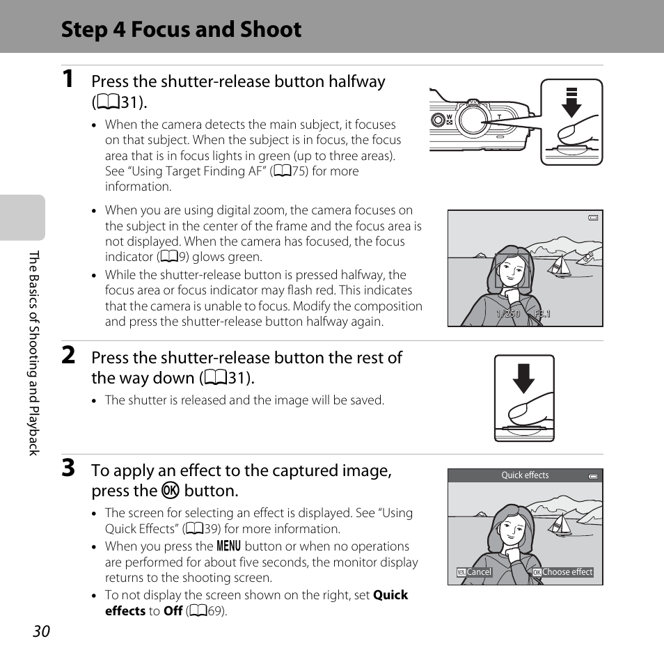 Step 4 focus and shoot, Press the shutter-release button halfway ( a31 ) | Nikon S6500 User Manual | Page 52 / 284