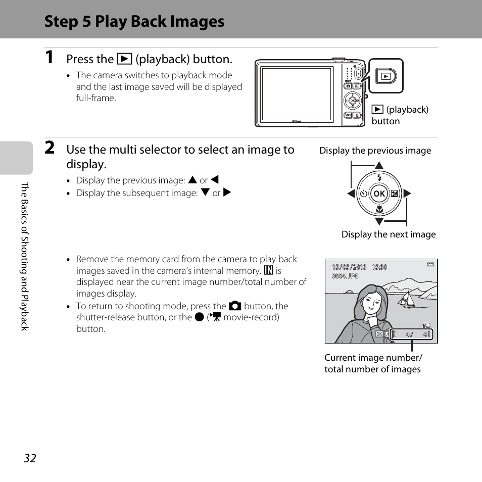 Step 5 play back images, Press the c (playback) button | Nikon S6500 User Manual | Page 54 / 284