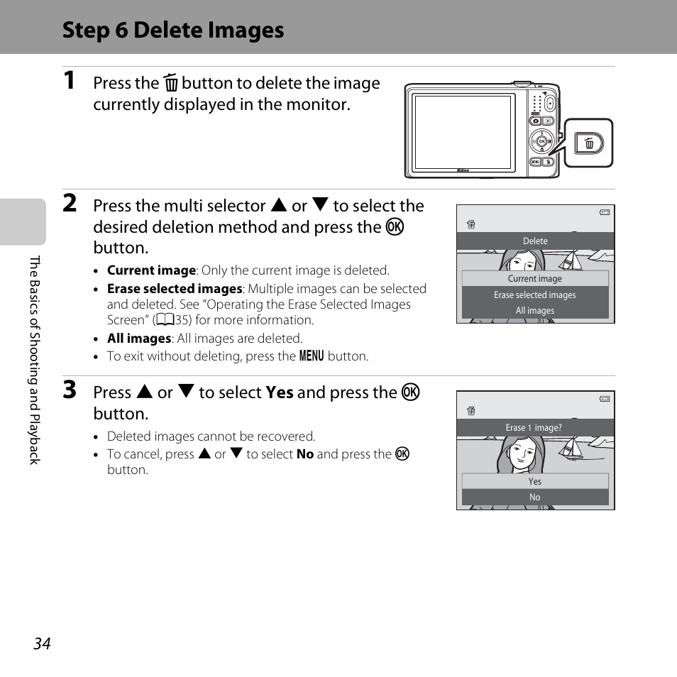 Step 6 delete images, Press h or i to select yes and press the k button | Nikon S6500 User Manual | Page 56 / 284